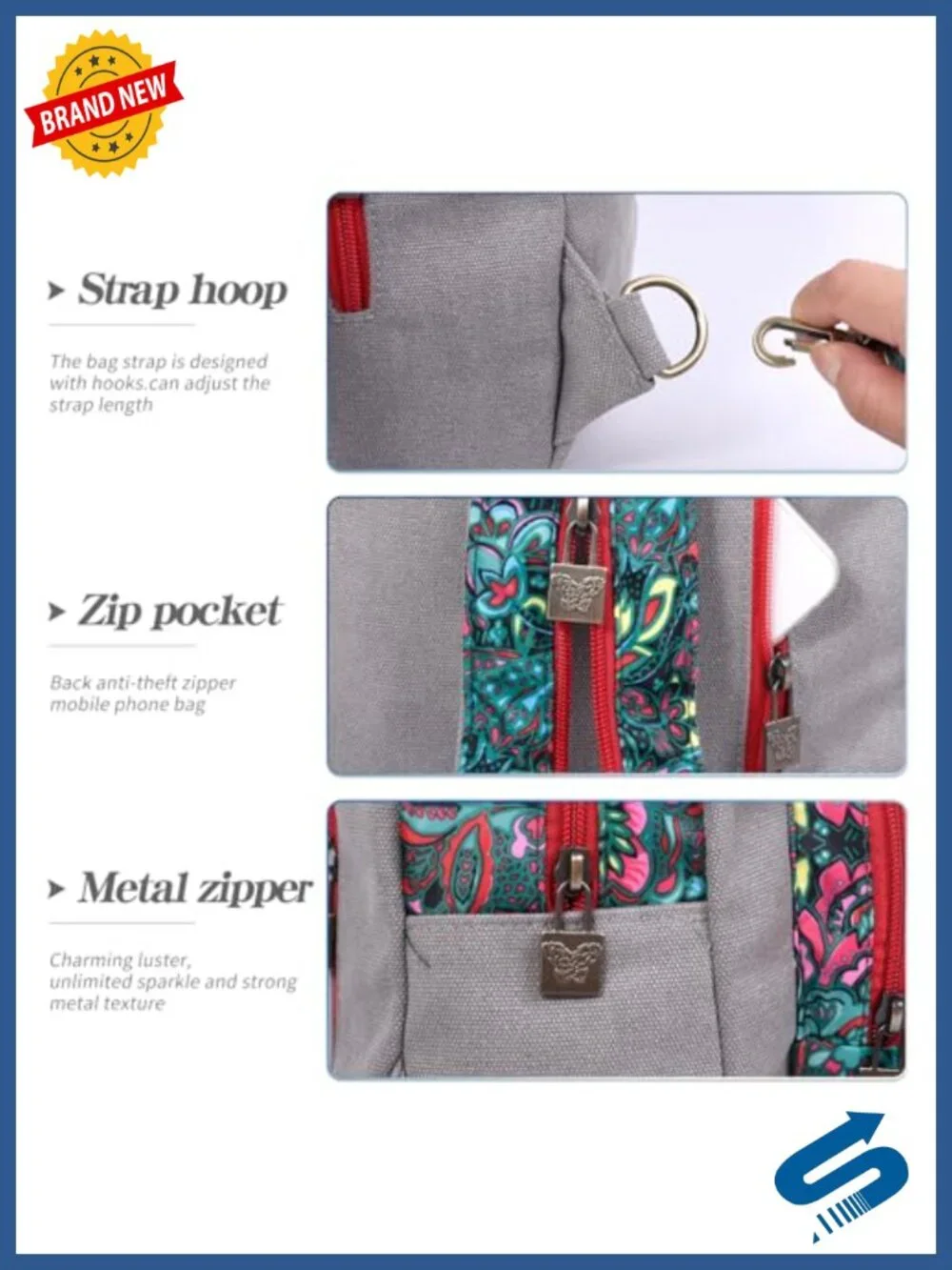 Convertible Canvas Backpack Sling Bag Crossbody Daypack Floral Boho